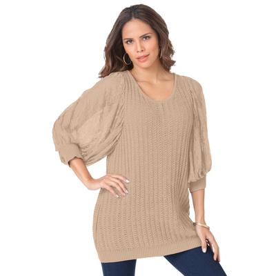 Plus Size Women's Lace Sleeve Sweater by Roaman's in New Khaki (Size 12)