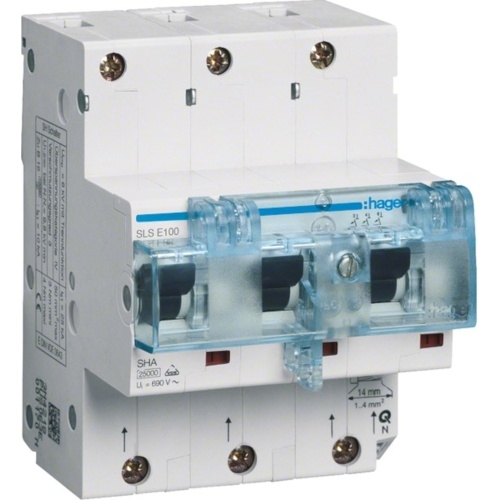 Hager SLS-Schalter, E, 3p, DIN-Schiene, 100A, 230V, 690V/Ui, 25kA, 6kV, Gr:2, IP2X, HTN390E Image