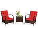 Costway 3 Pcs Patio Conversation Rattan Furniture Set with Glass Top Coffee Table and Cushions-Red