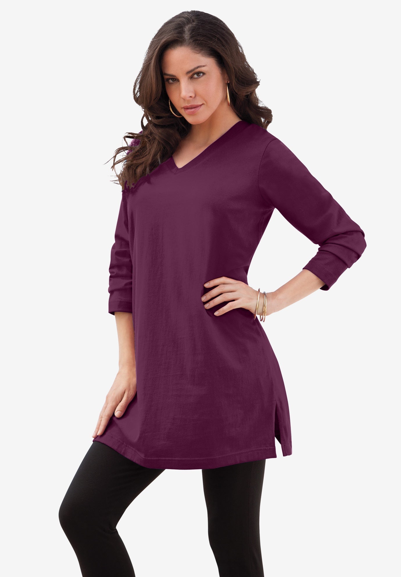 Plus Size Women's Plus Size Cotton Ultimate Long Sleeve V-Neck Tunic by Roaman's in Dark Berry (Size 2X) Long Shirt