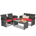 Costway 4 Pieces Patio Rattan Furniture Set with Cushions-Red
