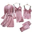 Chongmu Women Velvet Pyjama Sets Lace Cami Long Sleeve Robes 4pcs Sleepwear Pants Sexy Nightdress Pink