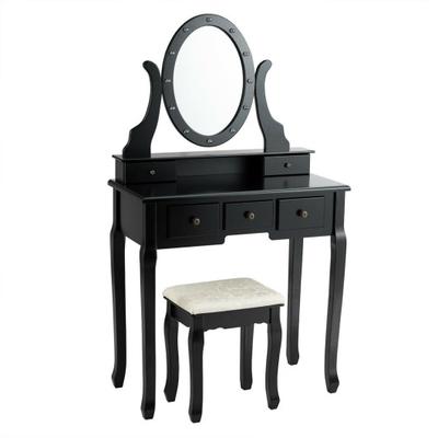 Costway 5 Drawers Vanity Table Stool Set with 12-LED Bulbs-Black