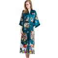 prettystern Lady Floor-Length 100% Silk Kimono Dress Gown Robe Wave Wolk Flower Cluster Green