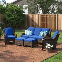 Andover Mills™ Melanson Patio 5 Piece Rattan Seating Group w/ Cushions Synthetic Wicker/All - Weather Wicker/Wicker/Rattan in Blue | Wayfair