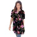 Plus Size Women's Short-Sleeve Angelina Tunic by Roaman's in Black Painted Floral (Size 42 W) Long Button Front Shirt