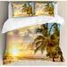 East Urban Home Tropic Sandy Beach w/ Horizon at Sunset & Coconut Palm Trees Summer Photo Duvet Cover Set Microfiber in Blue | Queen | Wayfair