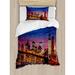 East Urban Home NYC That Never Sleeps Image Neon Lights Reflections on East River City Image Print Duvet Cover Set Microfiber | Wayfair