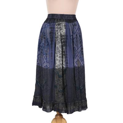 Tapestry,'Embroidered Rayon Print Peasant Skirt in Blue and Grey'