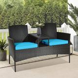 Zipcode Design™ Jaylyn Modern Outdoor Rattan Loveseat w/ Built-in Coffee Table & Cushions Wicker/Rattan in Blue | 33.5 H x 54 W x 24 D in | Wayfair