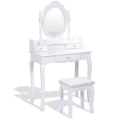 Costway Vanity Table Set with Cushioned Stool with 360° Rotating Oval Mirror and Three Drawers-White