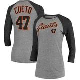 Women's 5th & Ocean by New Era Johnny Cueto Gray San Francisco Giants Script Name Number Raglan Tri-Blend 3/4-Sleeve T-Shirt