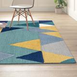 Blue/Gray 96 x 0.39 in Area Rug - Mercury Row® Sandin Geometric Handmade Tufted Wool Teal/Navy/Yellow/Gray Area Rug Wool | 96 W x 0.39 D in | Wayfair