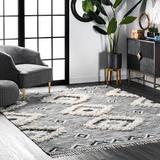 Black/Gray 120 x 0.75 in Area Rug - Union Rustic Adi Moroccan Lattice Hand-Knotted Wool Fringed Gray Area Rug Wool | 120 W x 0.75 D in | Wayfair