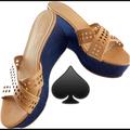 Kate Spade Shoes | Kate Spade Platforms Wedge Denim & Natural Slip On Sandals Shoes Size 7.5 | Color: Blue/Cream | Size: 7.5