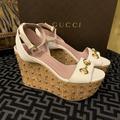 Gucci Shoes | Gucci Liliane Suede Cork Cream And Gold Sandals | Color: Cream | Size: 38 1/2