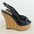 Gucci Shoes | Gucci Black Patent Leather Raffia Wedges Sandals 7 | Color: Black/Tan | Size: 7