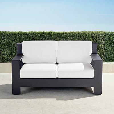 St. Kitts Loveseat with Cushions in Matte Black Aluminum - Standard, Rain Peacock - Frontgate