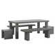 Gartenmöbel Set Grau Beton 6-Sitzer Tisch mit 2 Bänken in T-Form und 2 Hockern Industrieller Stil Garten Outdoor & Indoor Terasse, Salon