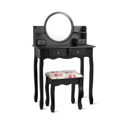 Costway Makeup Vanity Table Set Girls Dressing Table with Drawers Oval Mirror-Black