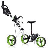 Costway Foldable 3 Wheels Push Pull Golf Trolley with Scoreboard Bag-Green