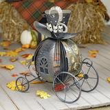 The Holiday Aisle® Victorian Halloween Pumpkin Carriage w/ Top Hat & Skull Detail Figurine Metal in Black | 21 H x 18 W x 10.75 D in | Wayfair