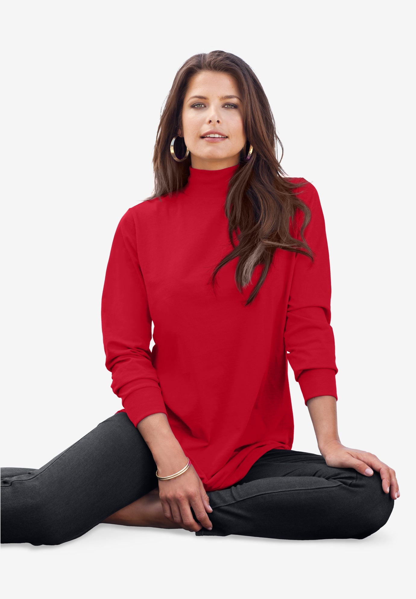 Plus Size Women's Long Sleeve Mockneck Ultimate Tee by Roaman's in Classic Red (Size S) Mock Turtleneck Shirt