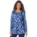 Plus Size Women's Long-Sleeve Crewneck Ultimate Tee by Roaman's in Navy Watercolor Flowers (Size 2X) Shirt