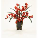 Red Barrel Studio® Nolah Silk Cymbidium Orchids w/ Foliage in Leopard Spotted Glass Vase red | 33 H x 34 W x 25 D in | Wayfair 15471