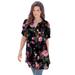 Plus Size Women's Short-Sleeve Angelina Tunic by Roaman's in Black Painted Floral (Size 36 W) Long Button Front Shirt