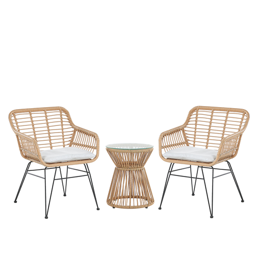 Balkonset Hellbraun Rattan Stahl Sicherheitsglas 2 Stühle Beistellstisch mit Auflagen Balkon Terrasse Garten