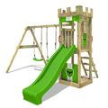 FATMOOSE Wooden climbing frame TreasureTower with swing set and apple green slide, Garden playhouse with sandpit, climbing ladder & play-accessories
