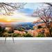 Wallums Wall Decor Cherry Blossom Sunrise 8' x 144" 3 Piece Wall Mural Fabric in Blue/Green/Pink | 144 W in | Wayfair 169745029_144x96