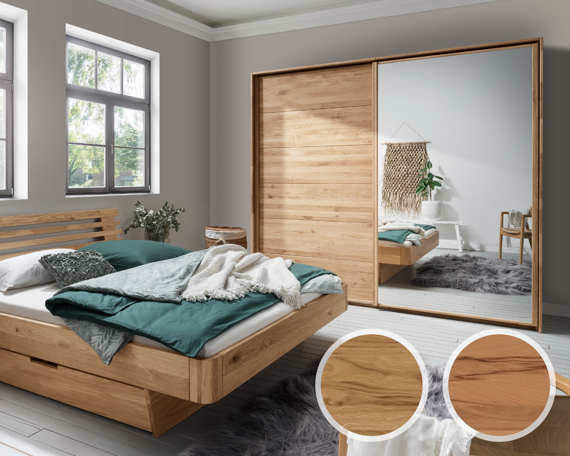 Forestales »Woodside« Schwebetürenschrank 2-türig Holz/Spiegel / 240 cm / Kernbuche