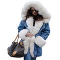 Aox Women Winter Denim Coat Thicken Lined Faux Fur Hood Jacket Warm Sherpa Fur Overcoat Plus Size Jean Outerwear (14, Blue 2037)