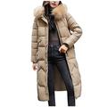 FNKDOR Women's Coat with Fur Hood Thicker Winter Slim Lammy Jacket Long Parka Puffer Jacket Outdoor Warm Coat (M, Khaki)