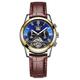 Men's Watches,Automatic Hollow Out Business Watch Waterproof Leather Strap Watch, Gold and Blue Face Brown Leather