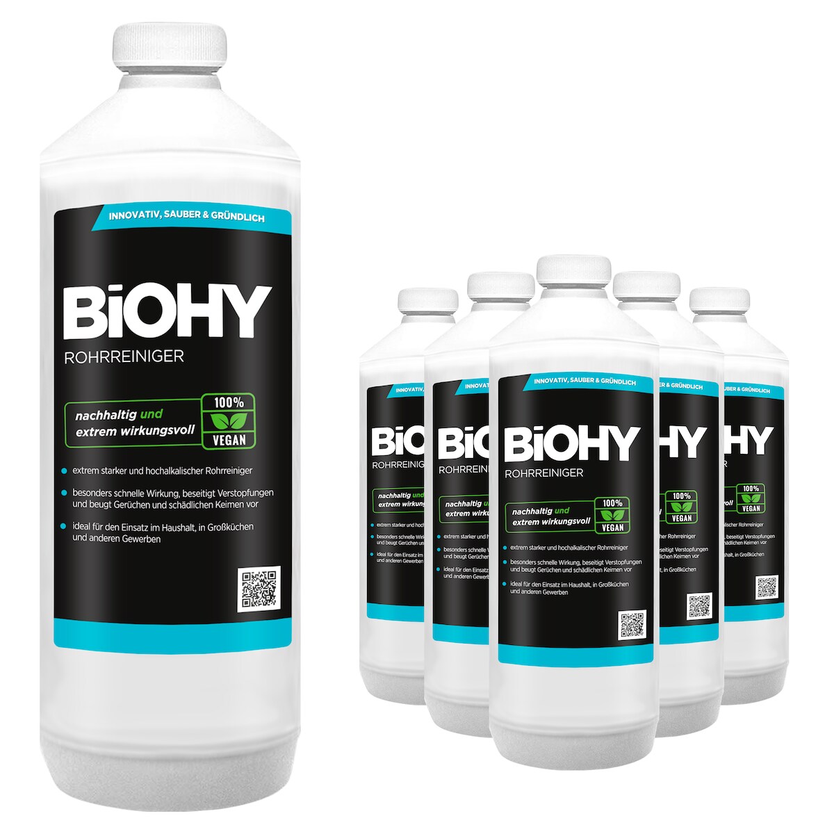 BiOHY Rohrreiniger (6x1l Flasche) | EXTRA STARK | Flüssiger, hochkonzentrierter Abflussreiniger | Geruchsneutral | Für alle Verstopfungen Image