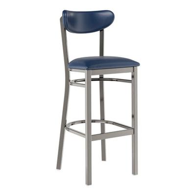 Lancaster Table & Seating Boomerang Clear Coat Finish Bar Stool with Navy Vinyl Seat and Back