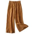 FTCayanz Women's Linen Palazzo Trousers Ladies Drawstring Waist Wide Leg Culottes Pants Coffee Large