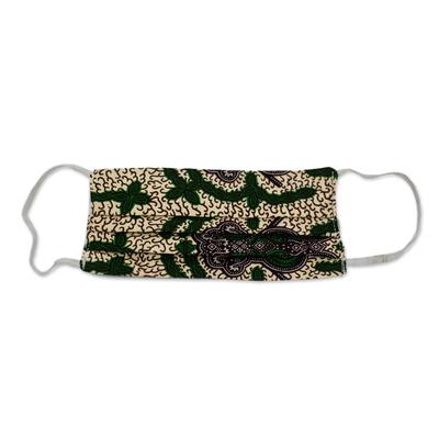 '2-Layer Elastic Loop Face Mask in Green & White Cotton'