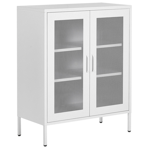Schrank Weiß Metall 80 x 40 x 102 cm mit 2 durchsichtigen Türen 2 Regalböden 2 Griffen Flur Schlafzimmer Küche Wohnzimmer