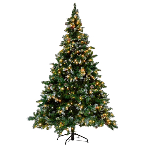 Weihnachtsbaum 180 cm Grün Kunststoff/Metall inkl. LED Beleuchtung Ständer mit Zapfen geschmückt Weihnachten