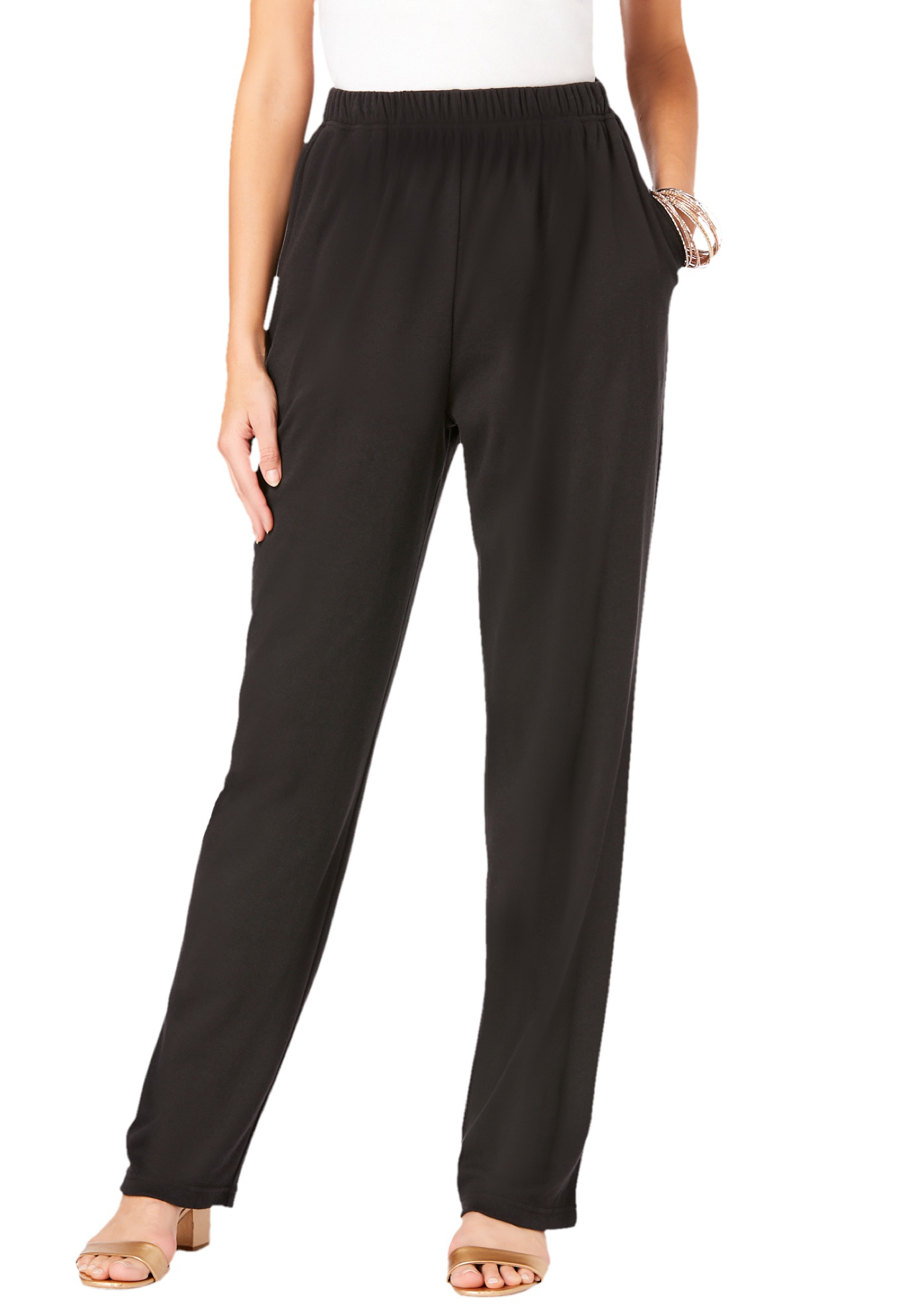 Plus Size Women's Plus Size Straight Leg Soft Knit Pull On Pant by Roaman's in Black (Size 6X) Pull On Elastic Waist