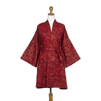 Red Floral Kimono,'Hand Made Batik Printed Cotton Robe'