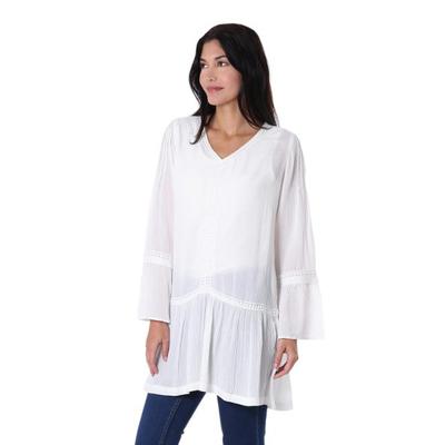 Jaipur Charm,'Long-Sleeved White 100% Viscose Tunic with Lace Trim'