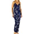 Gaspé Ladies Luxurious Cami Top Long Trouser Navy Blue Satin Pyjama Set with Lace Detailing and Floral Design Medium 12 14
