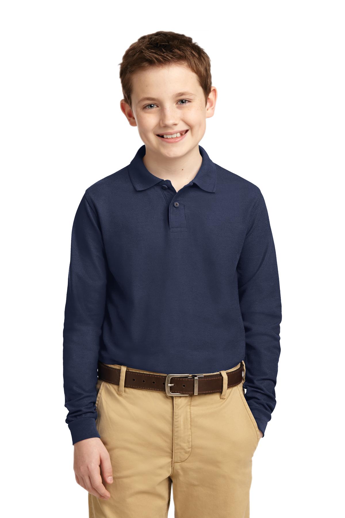 Port Authority Y500LS Youth Long Sleeve Silk Touch Polo Shirt in Navy Blue size XS | Polyester Blend