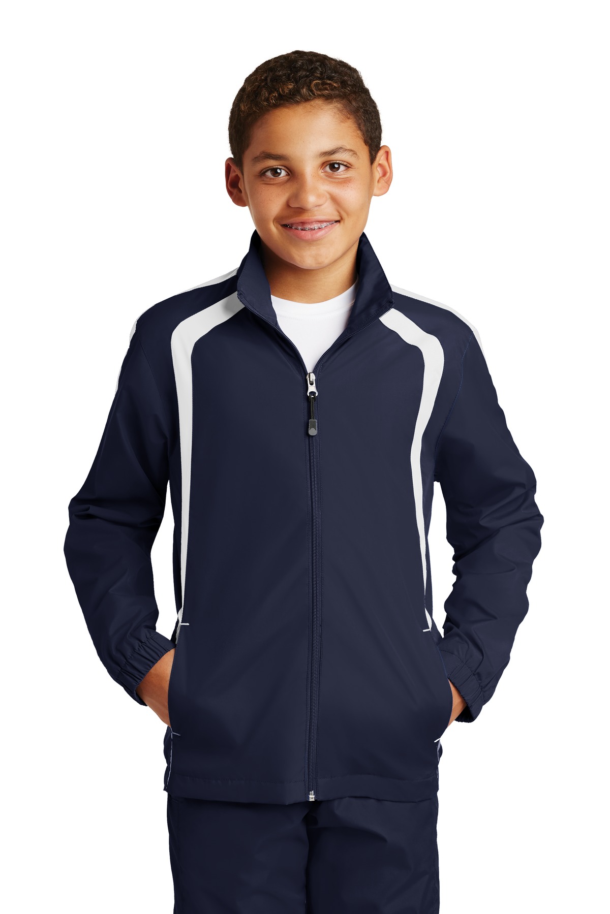 Sport-Tek YST60 Athletic Youth Colorblock Raglan Jacket in True Navy Blue/White size Large | Polyester - Sport-Tek