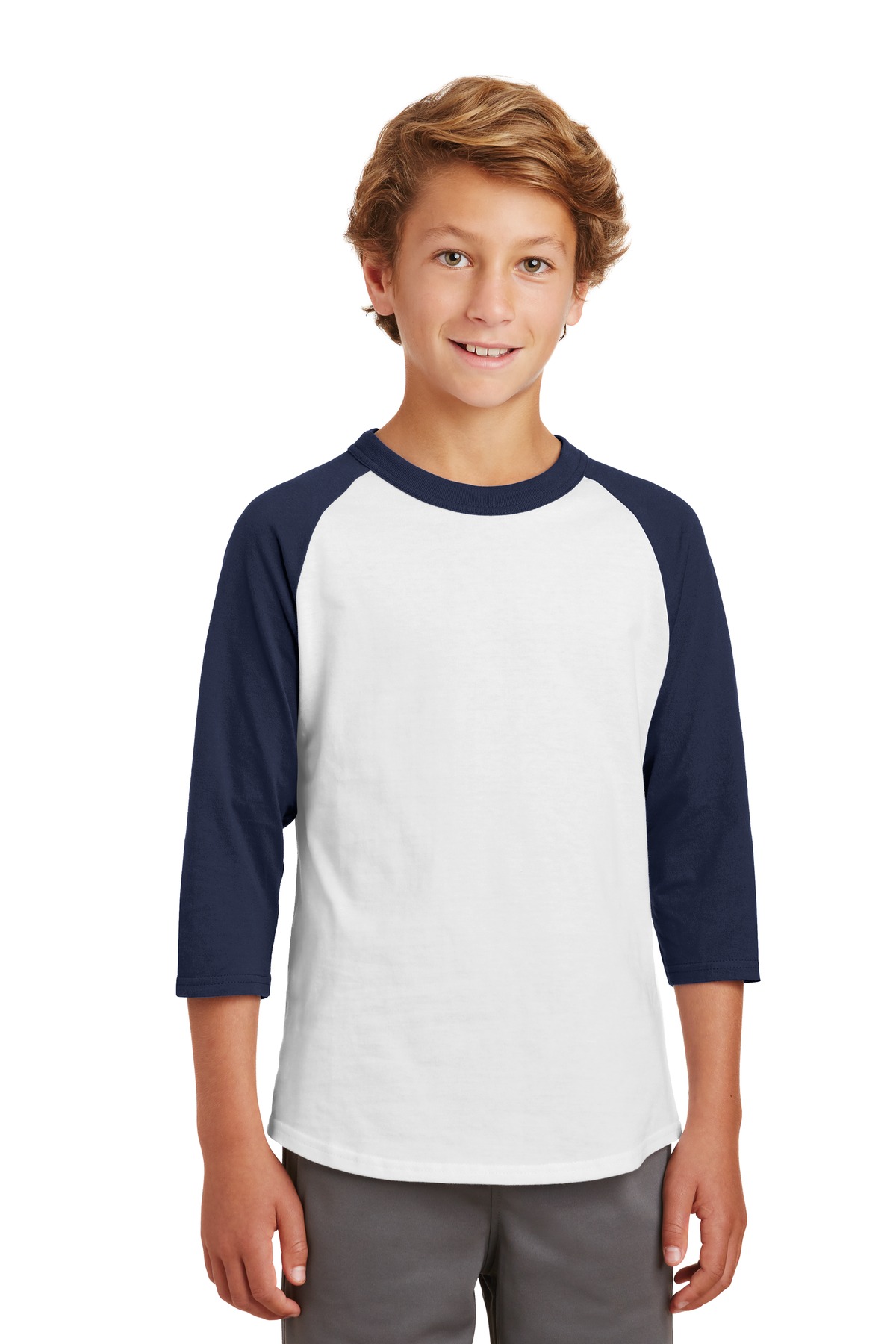Sport-Tek YT200 Youth Colorblock Raglan Jersey T-Shirt in White/Navy Blue size XS | Cotton